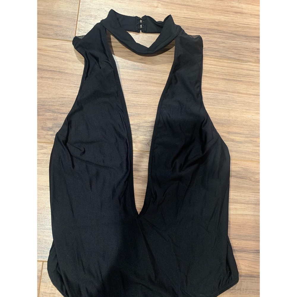 Black mesh back deep plunge bodysuit